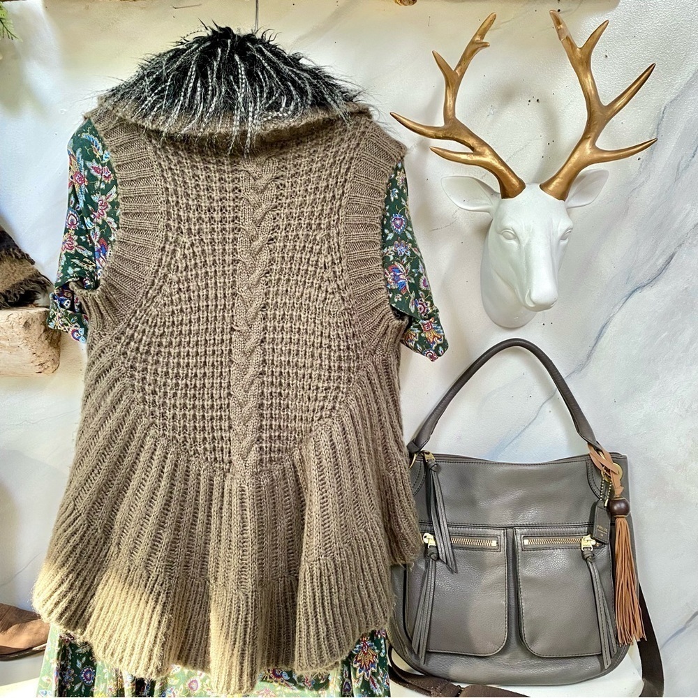 Alpaca vegan mink fur collar boho vest w cottage cabin longer cable knit vibe - Picture 2 of 11